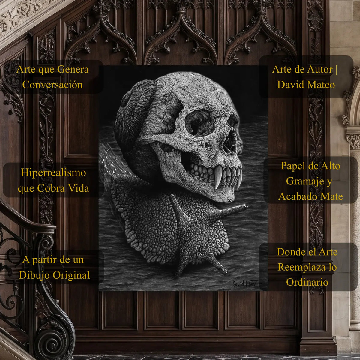 Lámina decorativa para pared de un caracol gótico con una calavera por concha del artista David Mateo.
