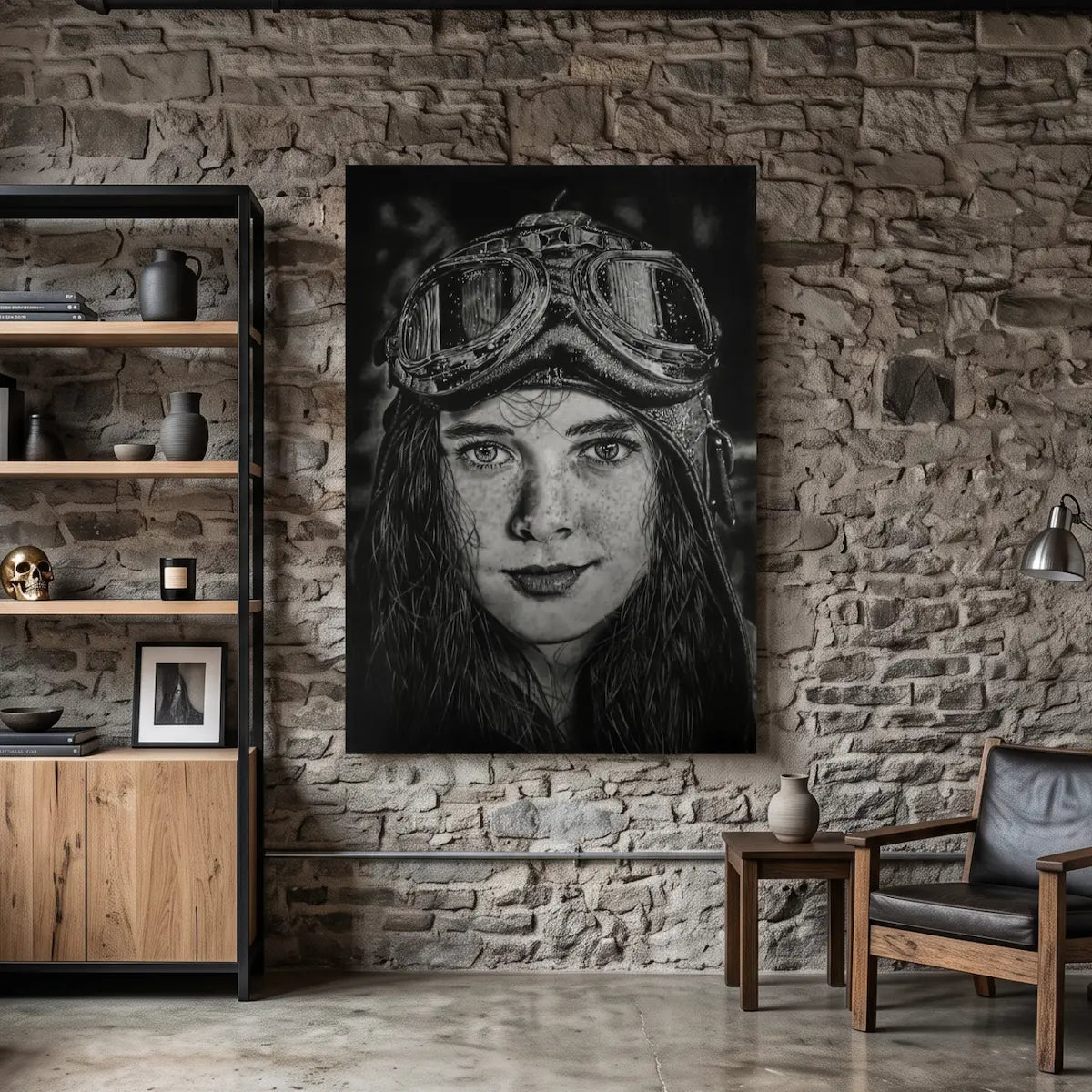 Lámina decorativa para pared de una dibujo a lápiz de una aviadora antigua.