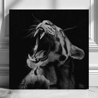 Lámina decorativa para pared de un dibujo realista de un leopardo rugiendo del artista David Mateo.
