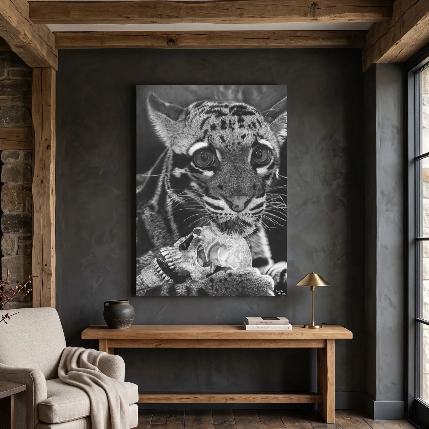 Lámina decorativa para pared de un leopardo nublado de un dibujo a lápiz del artista David Mateo.