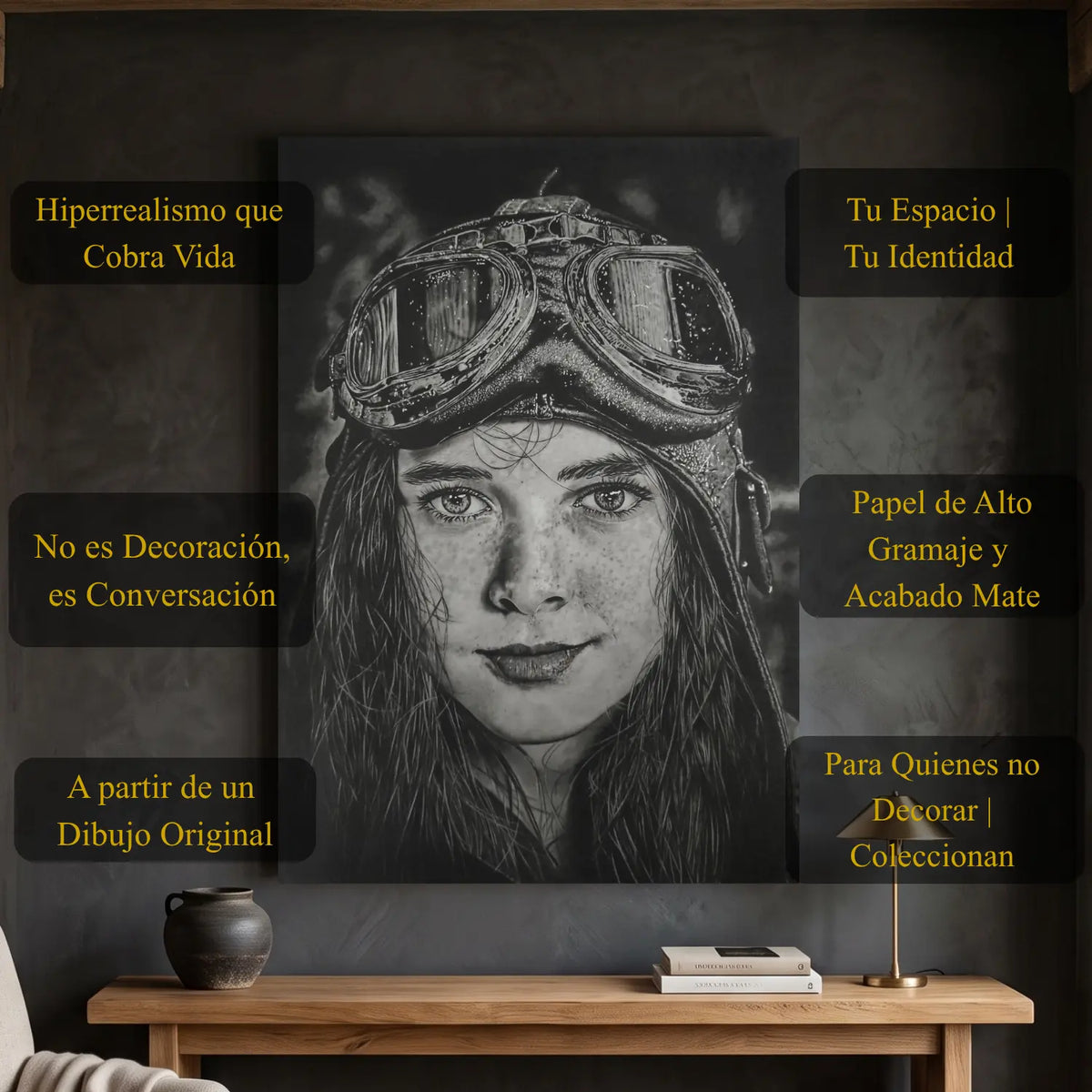 Lámina decorativa para pared de una mujer aviadora antigua dibujada a mano con grafito por David Mateo.