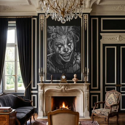 Lámina decorativa para pared de una payasa gótica de un dibujo a lápiz del artista español David Mateo.