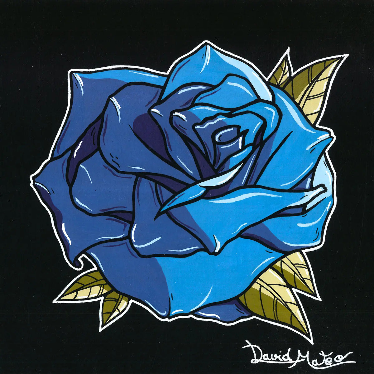 Lámina decorativa para pared de una rosa azul estilo Neo tradicional pintada a mano por David Mateo.