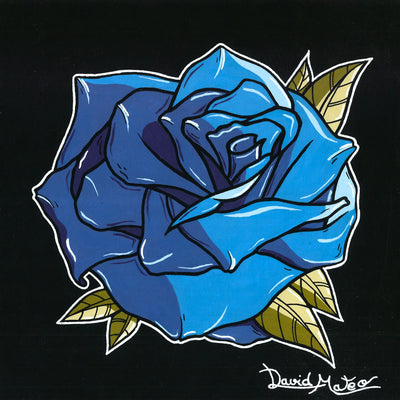 Lámina decorativa para pared de una rosa azul estilo Neo tradicional pintada a mano por David Mateo.