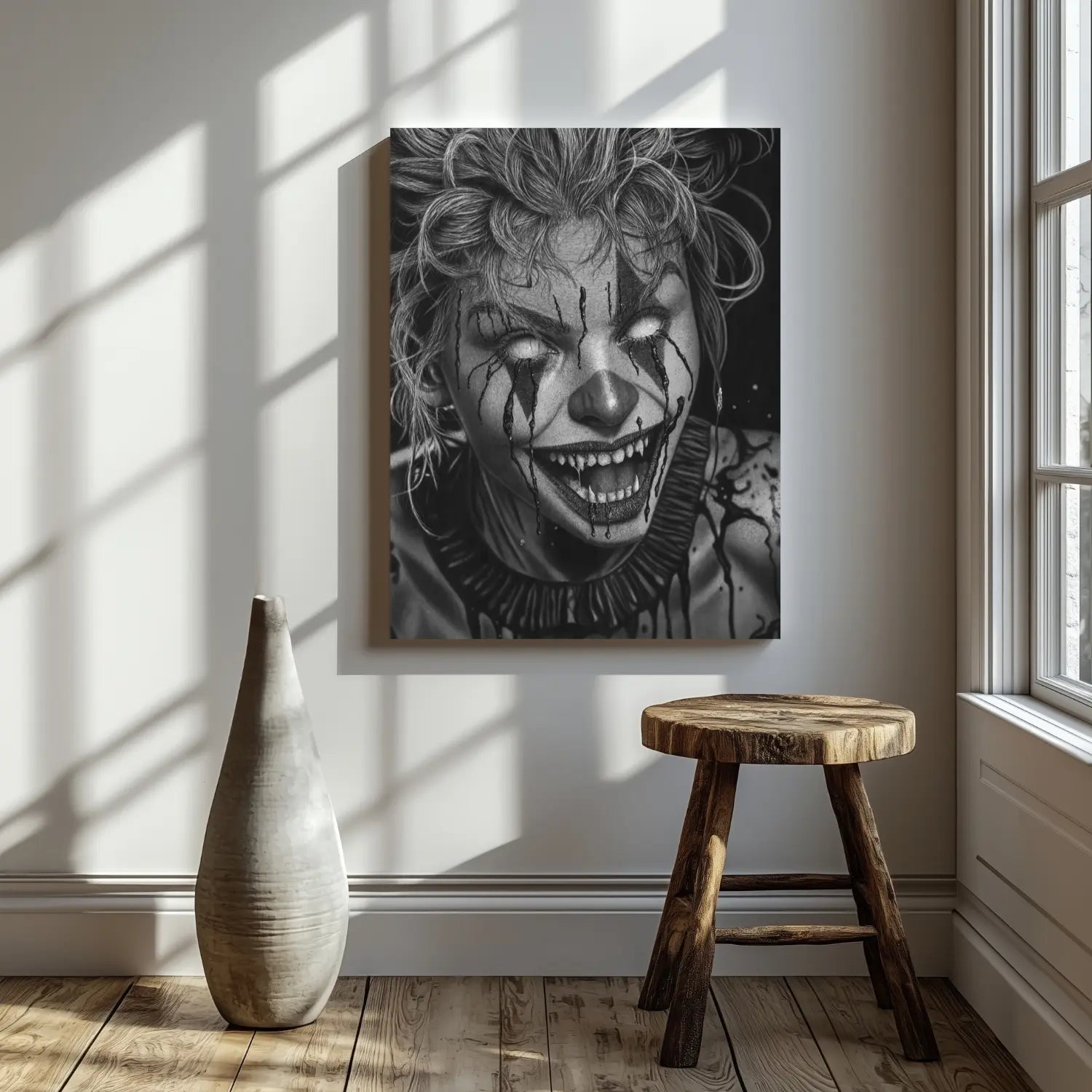 Lámina decorativa para pared de terror gótico Lágrimas de Sangre exhibida en un alón de estilo moderno.