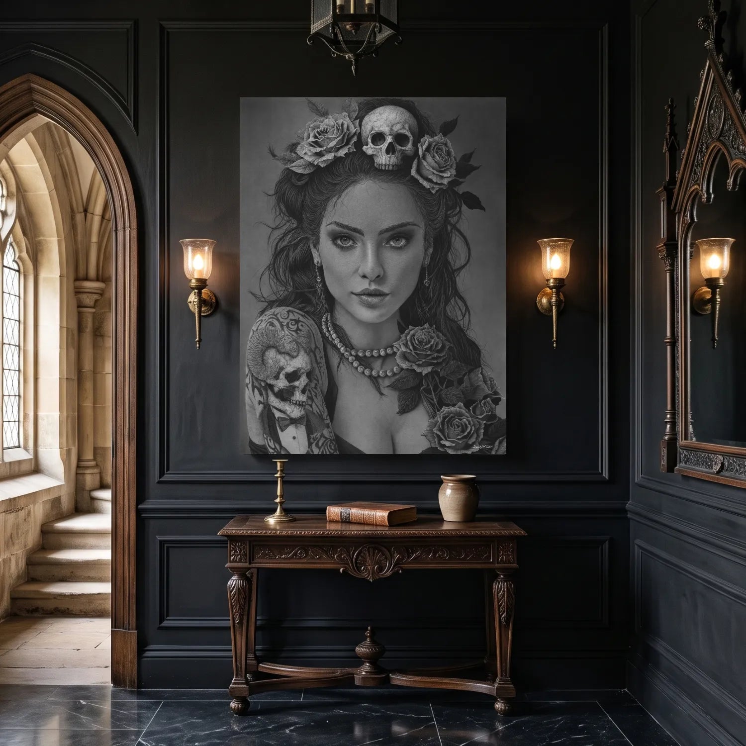 Lámina decorativa para pared de una mujer gótica, dibujo a lápiz en hiperrealismo del artista David Mateo