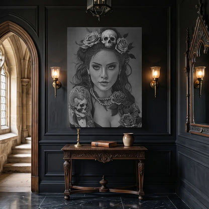 Lámina decorativa para pared de una mujer gótica, dibujo a lápiz en hiperrealismo del artista David Mateo