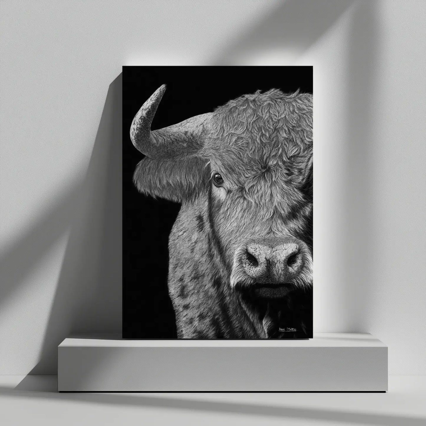 Lámina decorativa para pared de un toro salvaje, dibujo a lápiz en hiperrealismo.