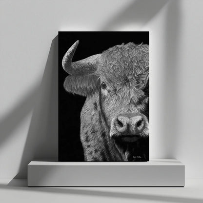 Lámina decorativa para pared de un toro salvaje, dibujo a lápiz en hiperrealismo.