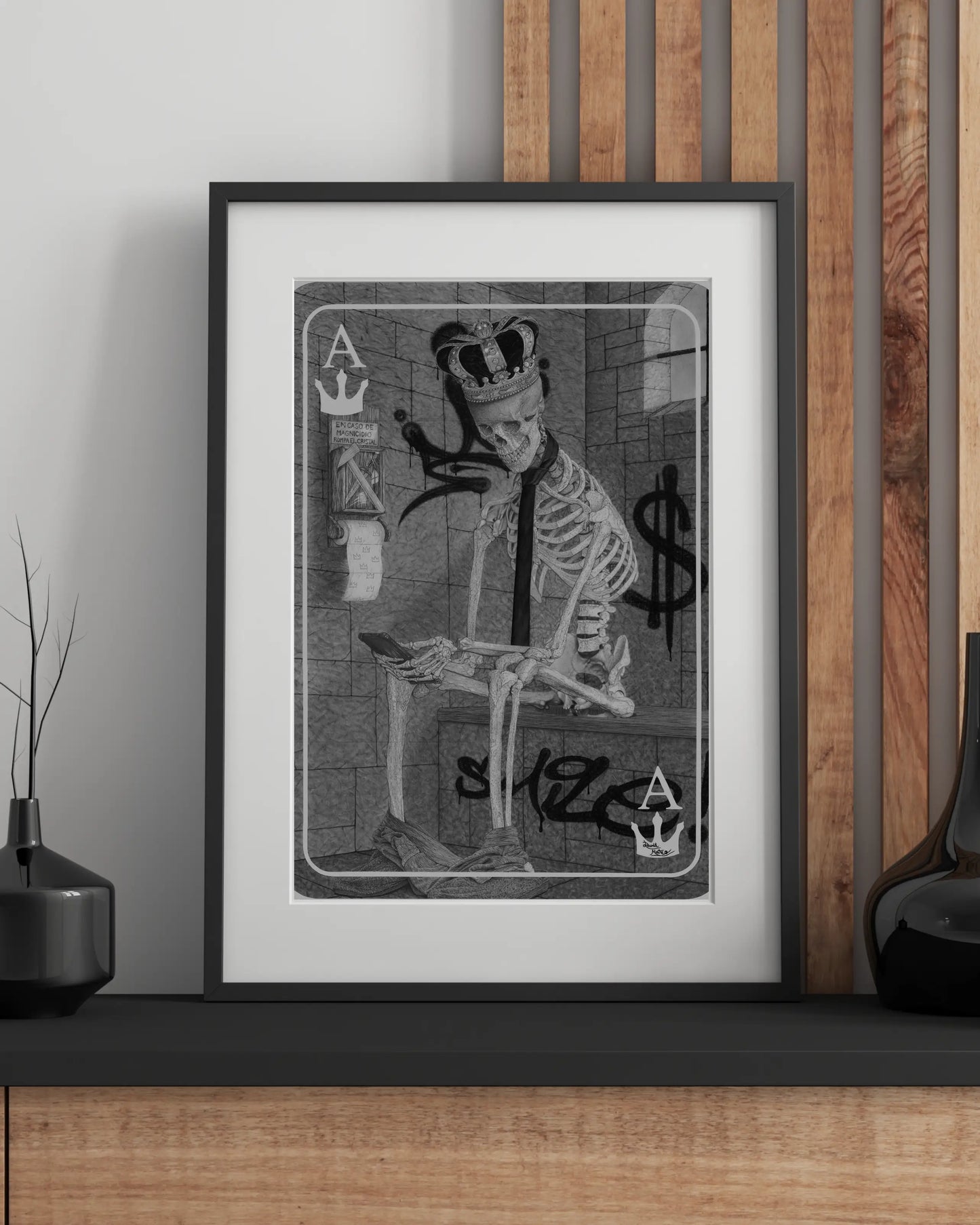 Arte que cuenta una historia. El retrato del 'Rey Esqueleto' de David Mateo evoca la lucha por el poder y la fugacidad de la riqueza. Ideal para coleccionistas.