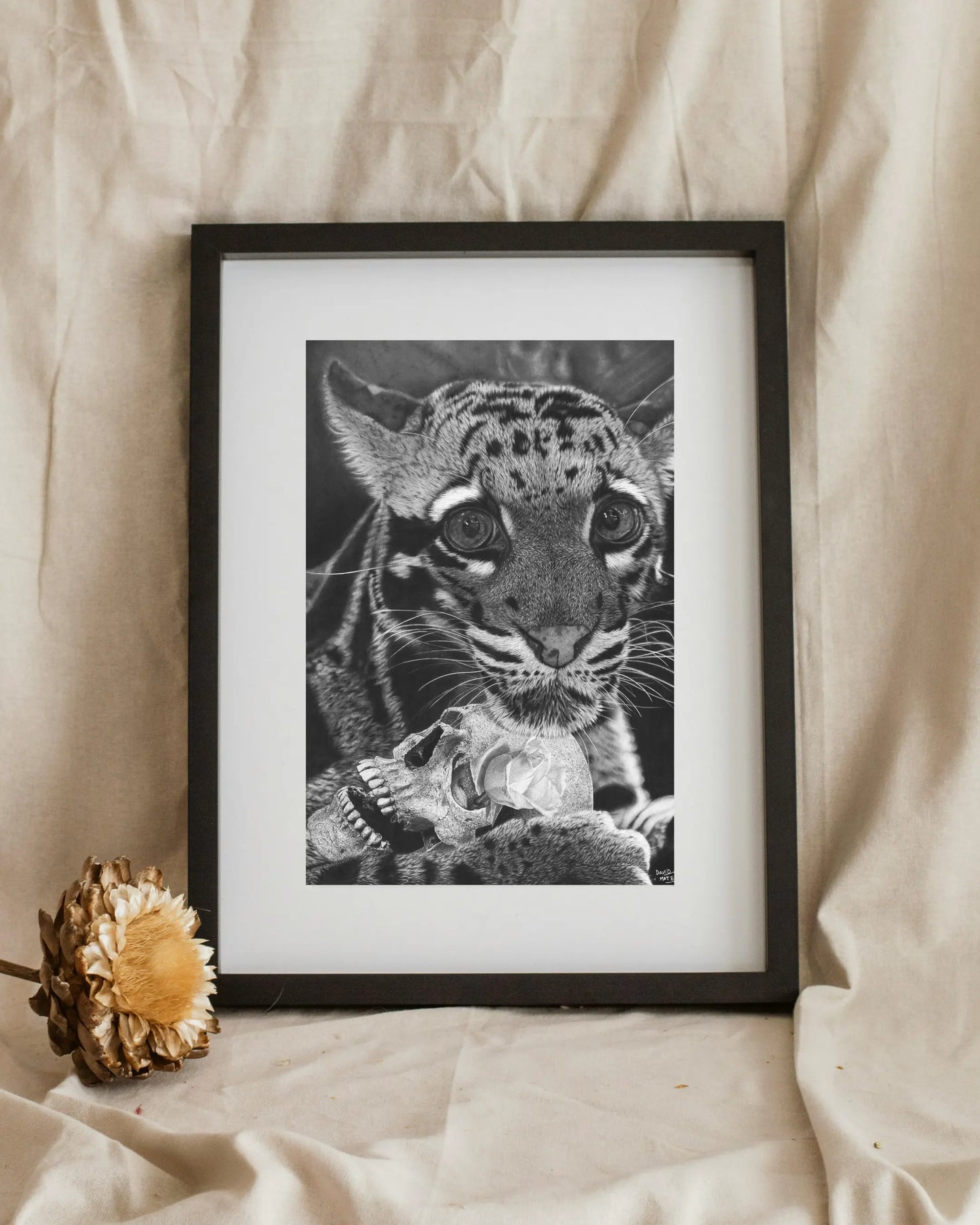 “Ilustración artística de un leopardo con una calavera entre las patas, enmarcada como decoración de pared.”