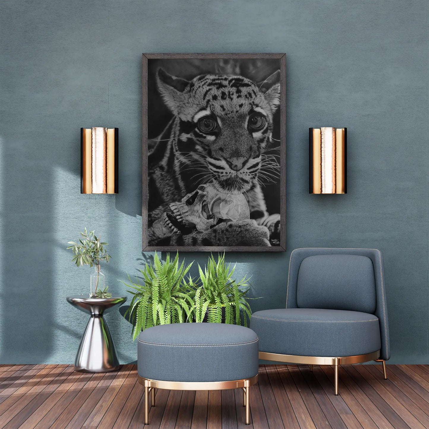 “Ilustración detallada de un leopardo en blanco y negro acompañado de una calavera, mostrada en un entorno moderno.”