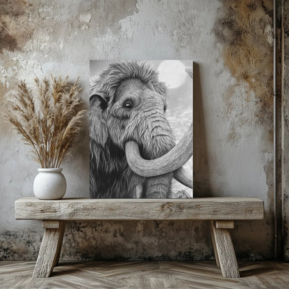 Lámina artística decorativa de un Mamut lanudo dibujado con técnica hiperrealista con carboncillo sobre papel apoyada sobre un banco de madera en una habitación moderna. 