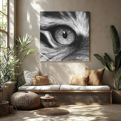 Lámina ojo de tigre hiperrealista a carboncillo de David Mateo en un ambiente moderno.
