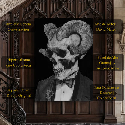 Lámina para pared decorativa de una calavera con cuernos y esmoquin dibujado a mano por David Mateo.
