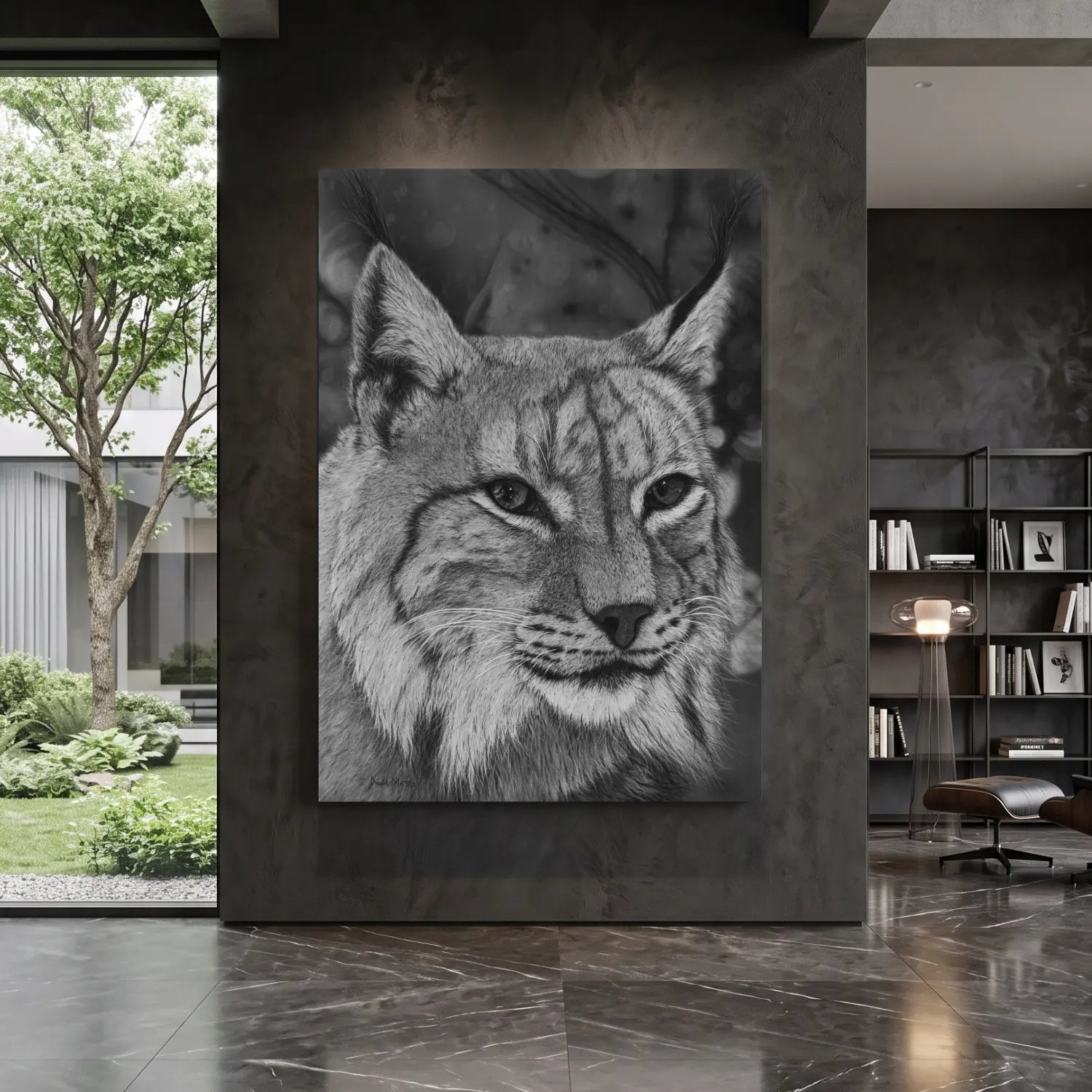 Lámina para pared decorativa de un lince ibérico a carboncillo en blanco y negro de hiperrealismo.