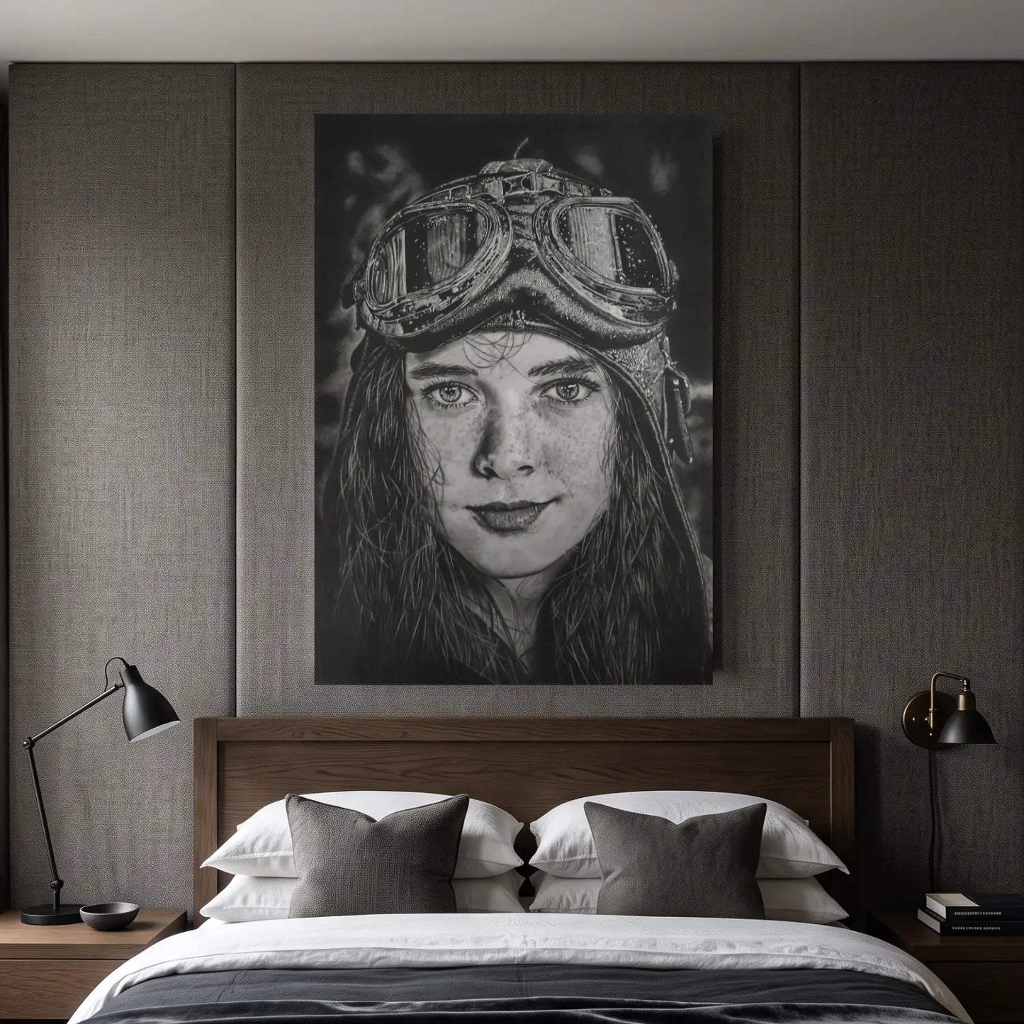 Lámina para pared decorativa de una niña aviadora. Dibujo realista del artista David Mateo.