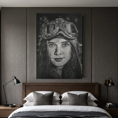 Lámina para pared decorativa de una niña aviadora. Dibujo realista del artista David Mateo.