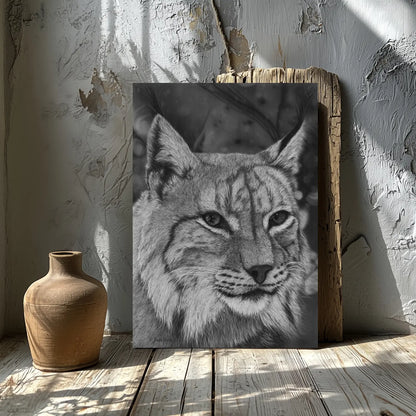 Lámina para pared decorativa de un lince ibérico dibujado a mano en blanco y negro con carboncillo en hiperrealismo.
