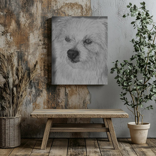 Lámina de un perro hiperrealista a grafito dibujado por el artista David Mateo colocada en una pared de una habitación moderna.