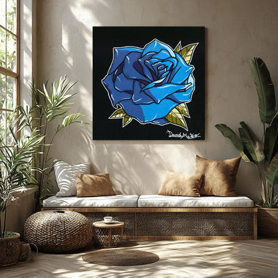Lámina para cuadros modernos de rosa azul estilo Neo Tradicional Tattoo en un ambiente moderno. Decoración de interiores.