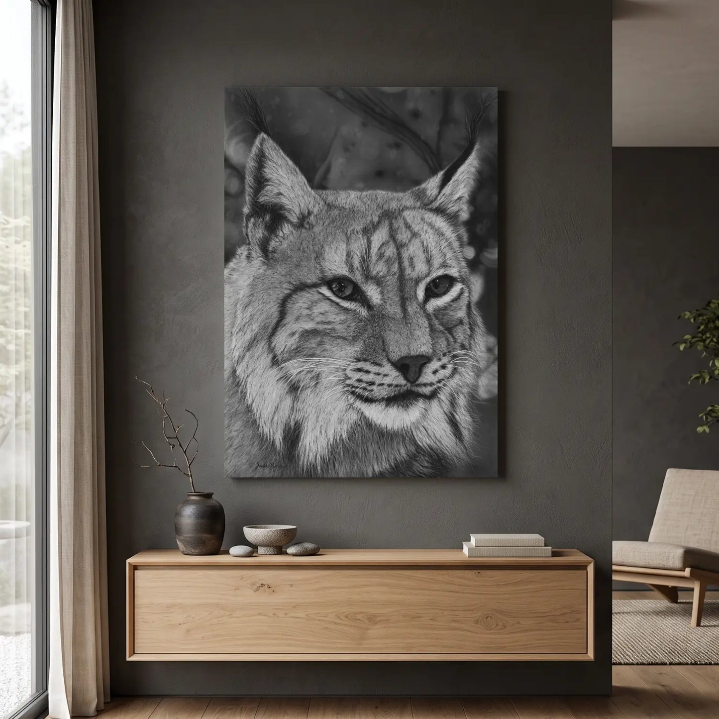 Un Lince ibérico dibujado a mano con carboncillo en hiperrealismo animal ideal para la decoración del hogar.
