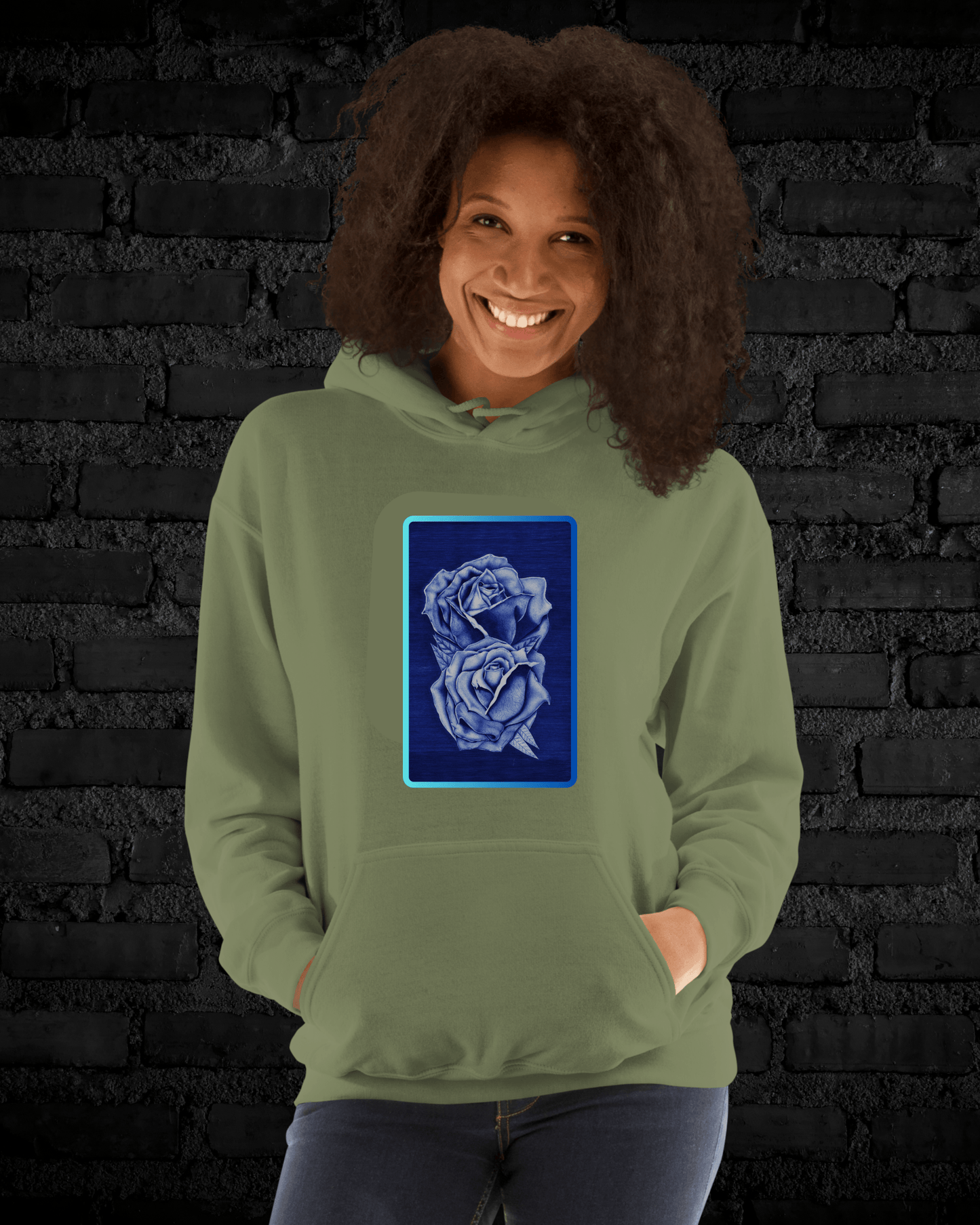 Sudadera con Capucha – Rosas Azules a Bolígrafo