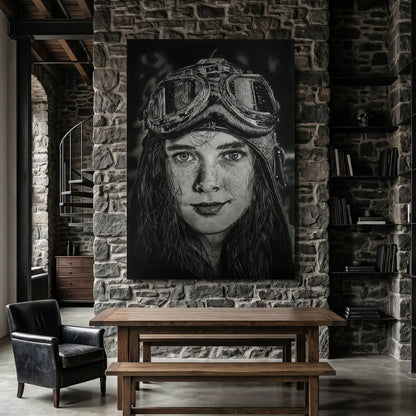 Niña aviadora representada en un dibujo a lápiz del artista David Mateo. 