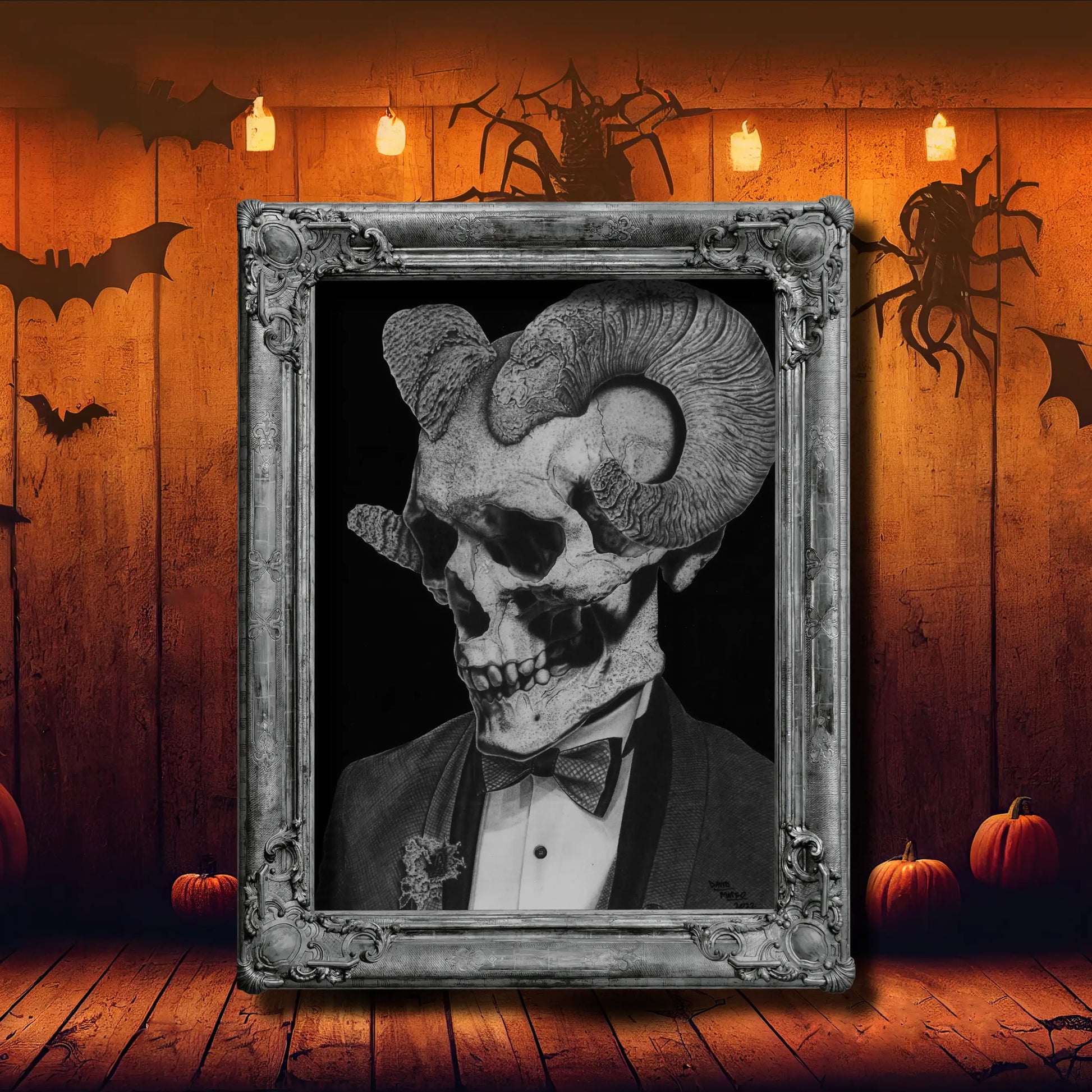 Retrato de fantasía oscura de un 'caballero' esquelético. Dibujo en blanco y negro con pajarita, ideal para colecciones de arte conceptual y personajes.