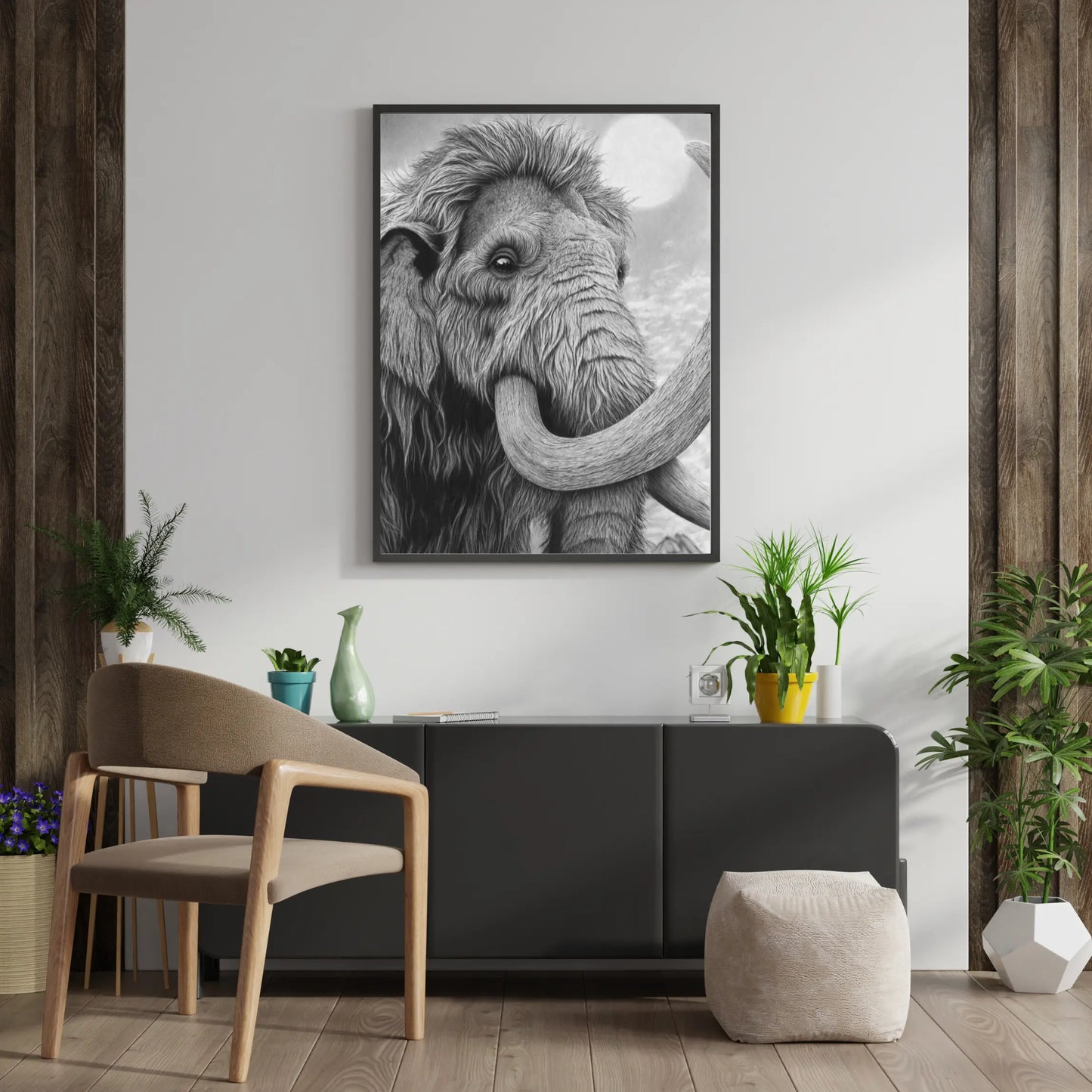 Cuadro enmarcado en negro de un mamut lanudo. Ideal para decoración minimalista, salas de estudio o habitaciones con temática de aventura y ciencia.
