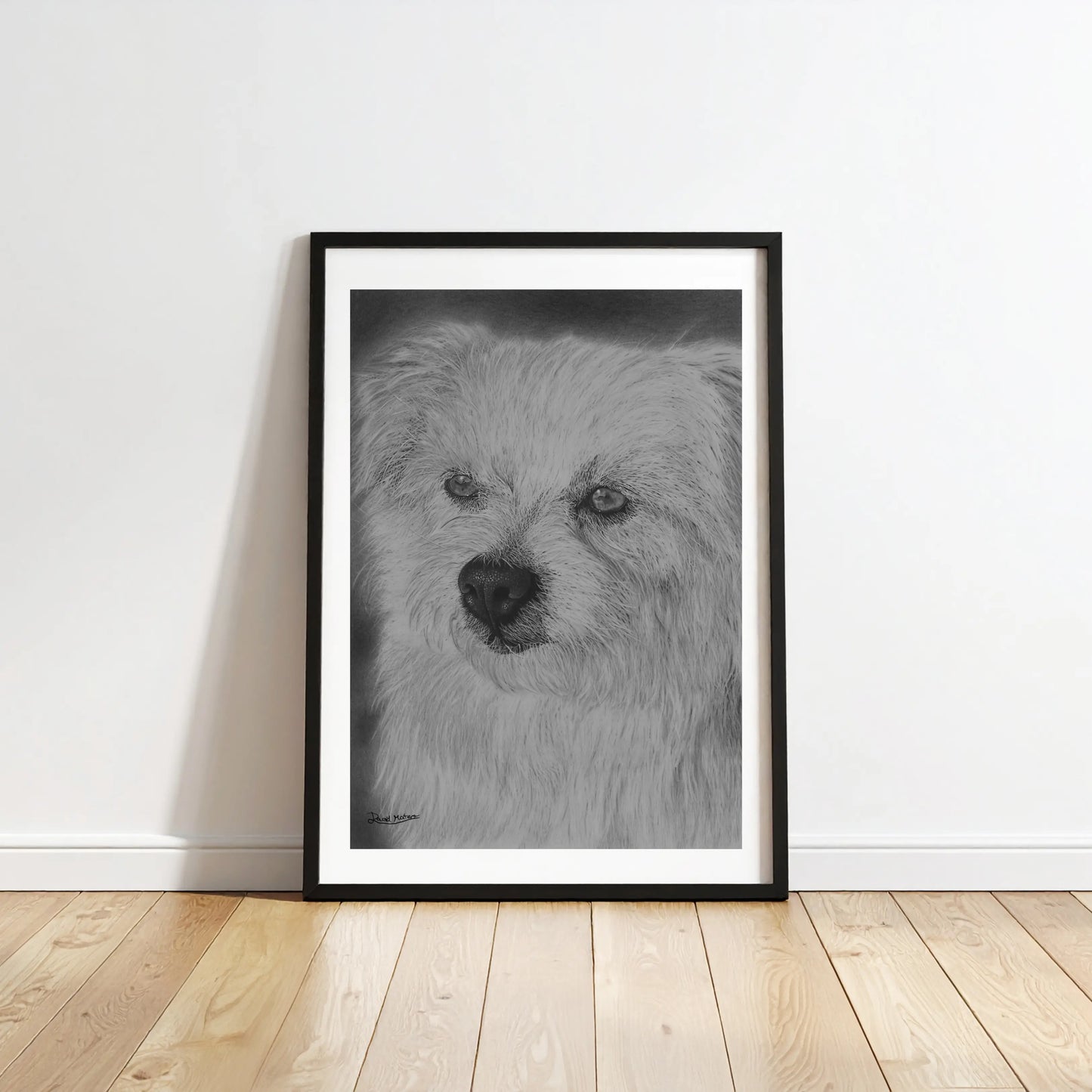 Retrato hiperrealista de la mascota 'Peeta'. Un dibujo a lápiz que captura la ternura y la fidelidad del perro, perfecto para amantes de los animales.