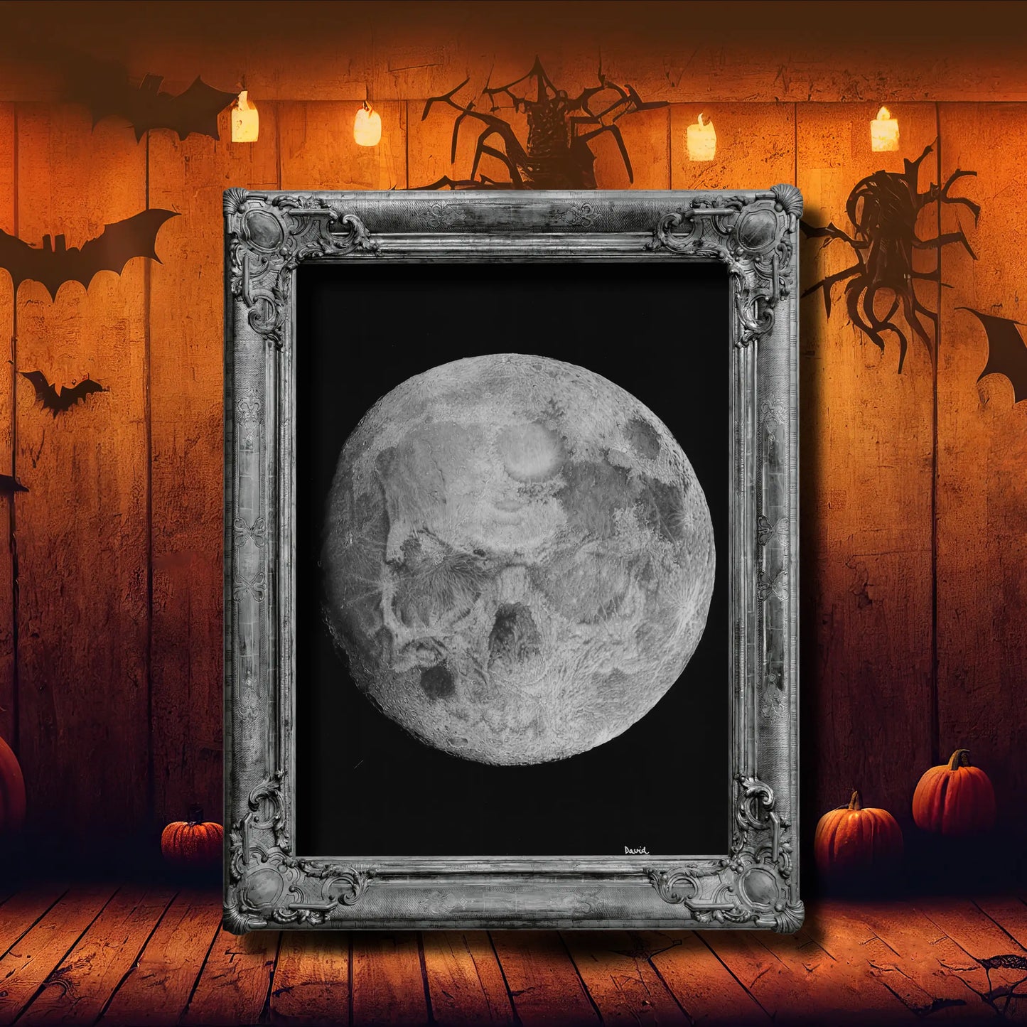 Dibujo hiperrealista de la luna llena, con un detalle impresionante de los cráteres y la superficie lunar. Muestra la maestría del claroscuro.