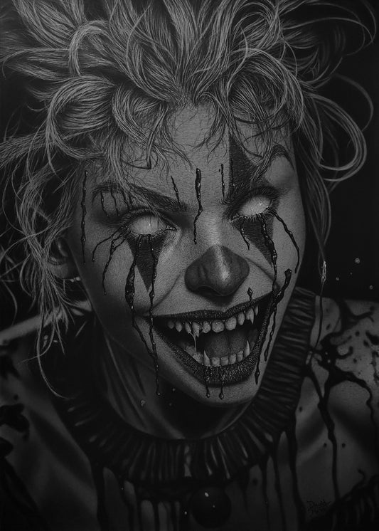 Obra original "Lágrimas de Sangre" de David Mateo, un dibujo hiperrealista de una payasa terrorífica con ojos blancos, dientes afilados y sangre goteando por su cara.