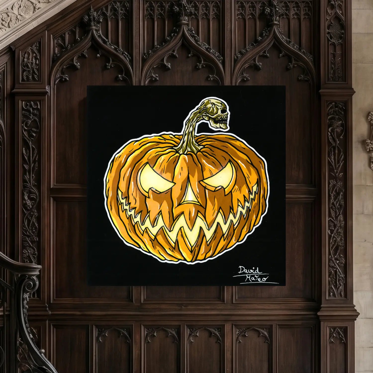 Pintura acrílica de una calabaza de Halloween con el tallo con una calavera por el artista David Mateo.