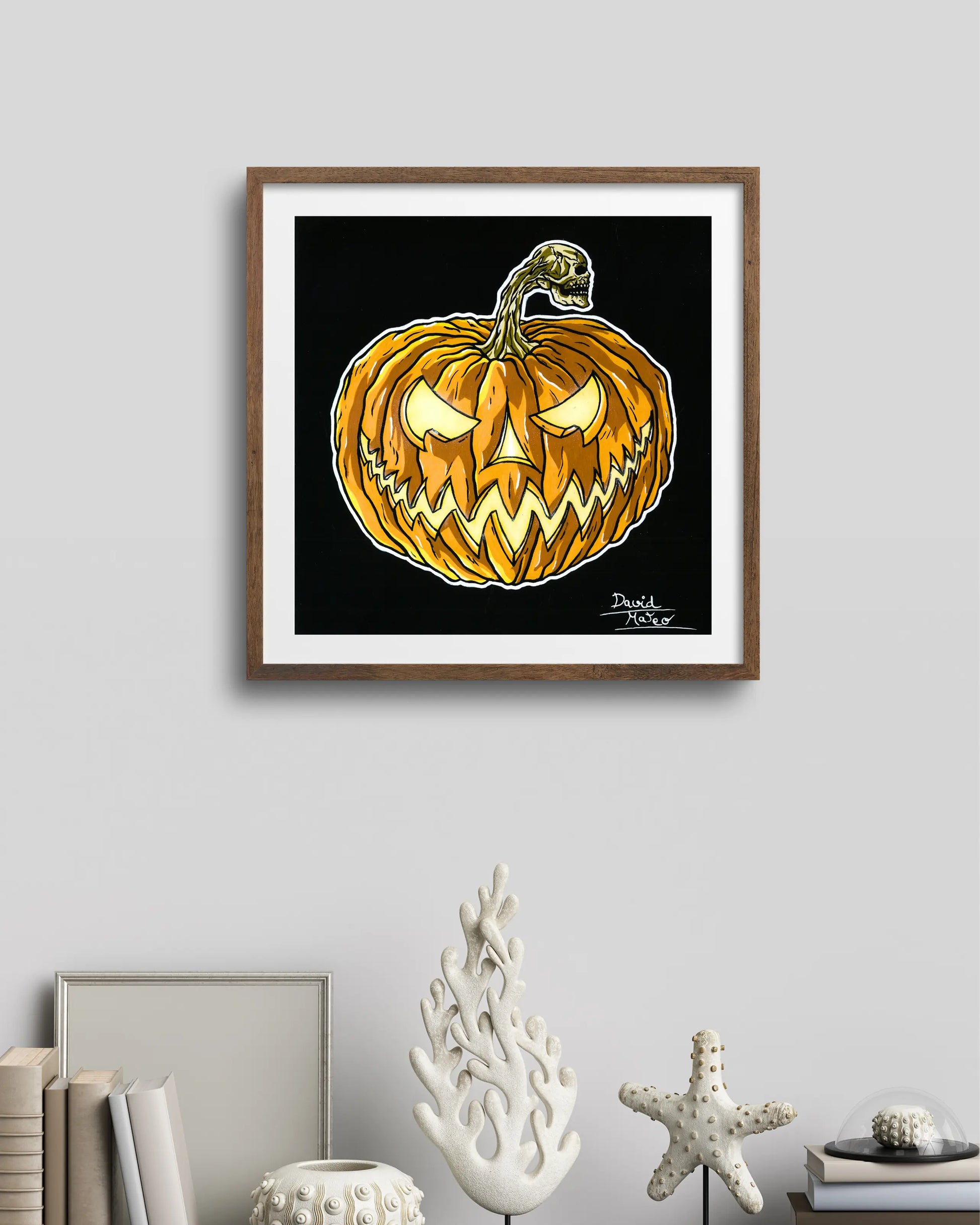 Obra de David Mateo Art. Reproducción de alta calidad de la calabaza de Halloween. Un print vibrante que mantiene la intensidad de los colores y la definición.