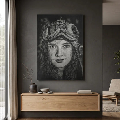 Poster decorativo moderno para la decoración del hogar de una niña con casco de aviador vintage. 