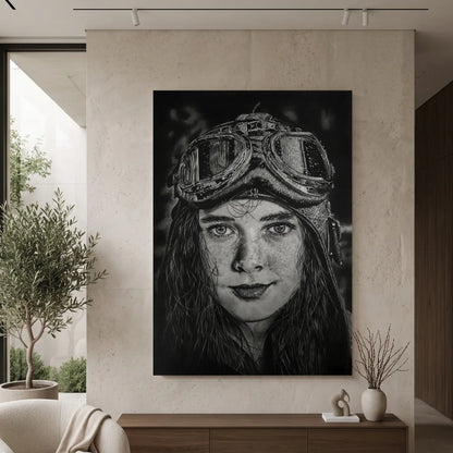 Poster decorativo moderno de una niña con casco de aviador antiguo.