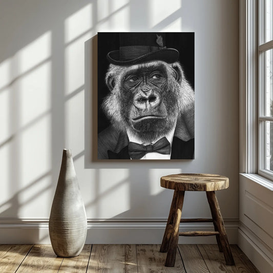 Poster de un gorila hiperrealista dibujado a mano con carboncillo sobre papel en un salón minimalista junto a una ventana.