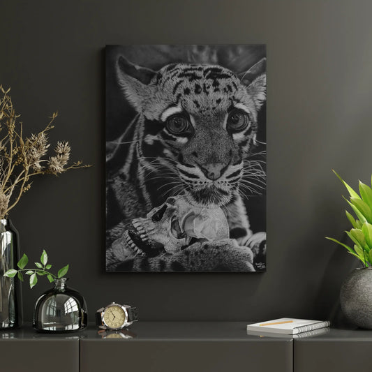 Lámina en blanco y negro de un leopardo realista sosteniendo una calavera, mostrada en un interior moderno.