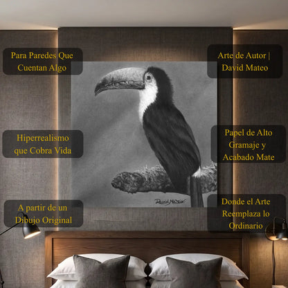 Poster moderno para la decoración de interiores de un tucán sobre una rama dibujado a mano con carboncillo.