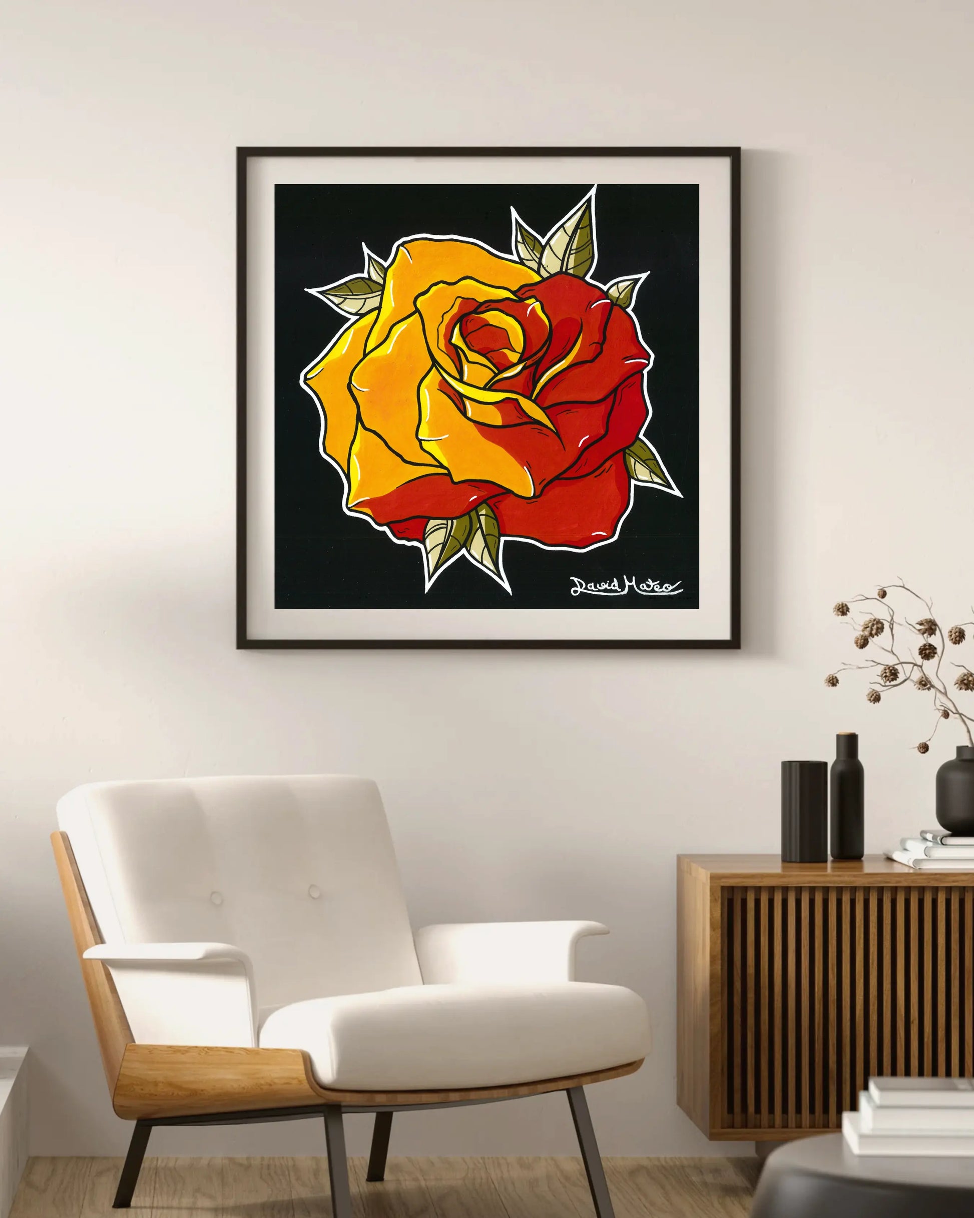 Obra original de David Mateo Art. Reproducción de alta calidad de una rosa ilustrada con gran detalle y colores intensos. Un print vibrante para tu colección.