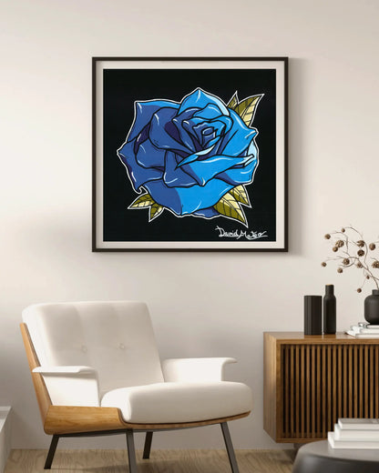 Obra original de David Mateo Art. Reproducción de alta calidad de una rosa ilustrada con color azul saturado. Un print audaz para tu colección.
