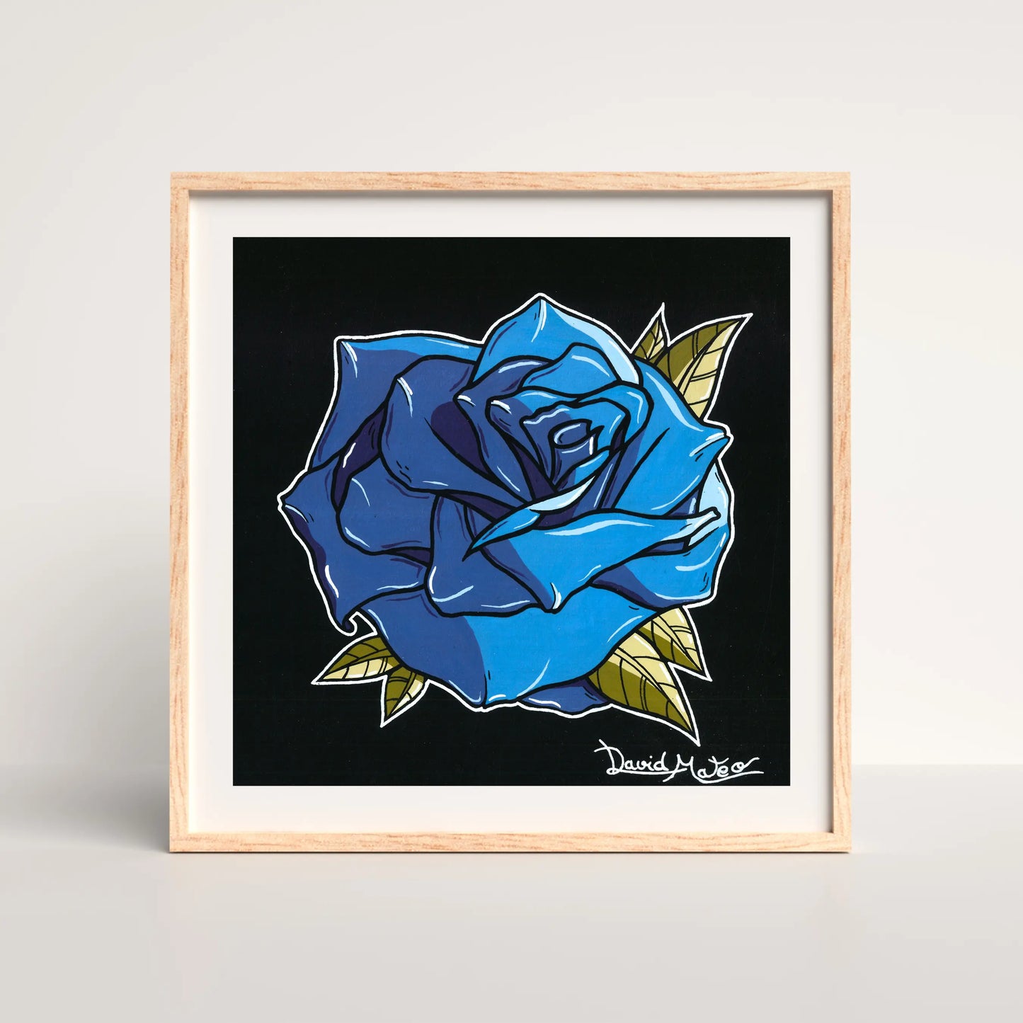 Arte mural de una rosa azul en estilo tradicional. Dibujo ideal para estudios de tatuaje, decoración vintage o para crear un punto focal llamativo en el hogar.