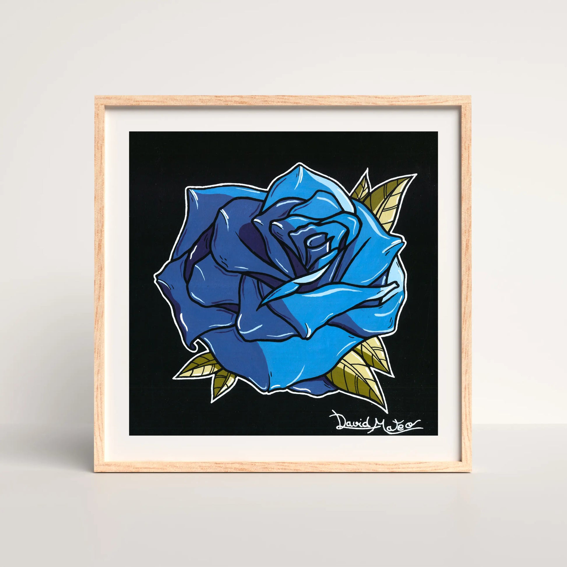 Arte mural de una rosa azul en estilo tradicional. Dibujo ideal para estudios de tatuaje, decoración vintage o para crear un punto focal llamativo en el hogar.
