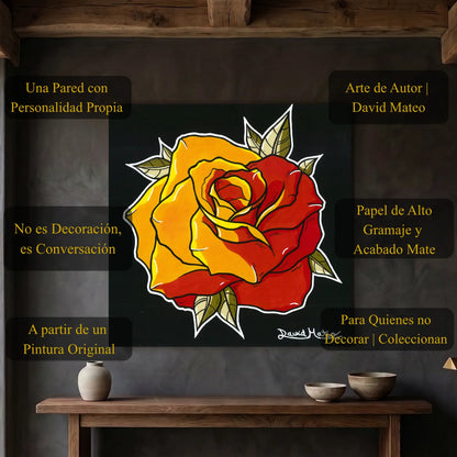 Print decorativo estilo Neo Tradicional de una rosa de tonos cálidos.