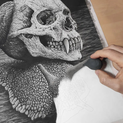 Proceso creativo de un dibujo a lápiz de un caracol gótico del artista David Mateo.