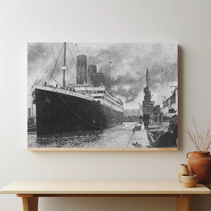 Dibujo hiperrealista a carboncillo del buque Titanic zarpando en 1912, pieza de arte ideal para coleccionistas de historia naval y transatlánticos.