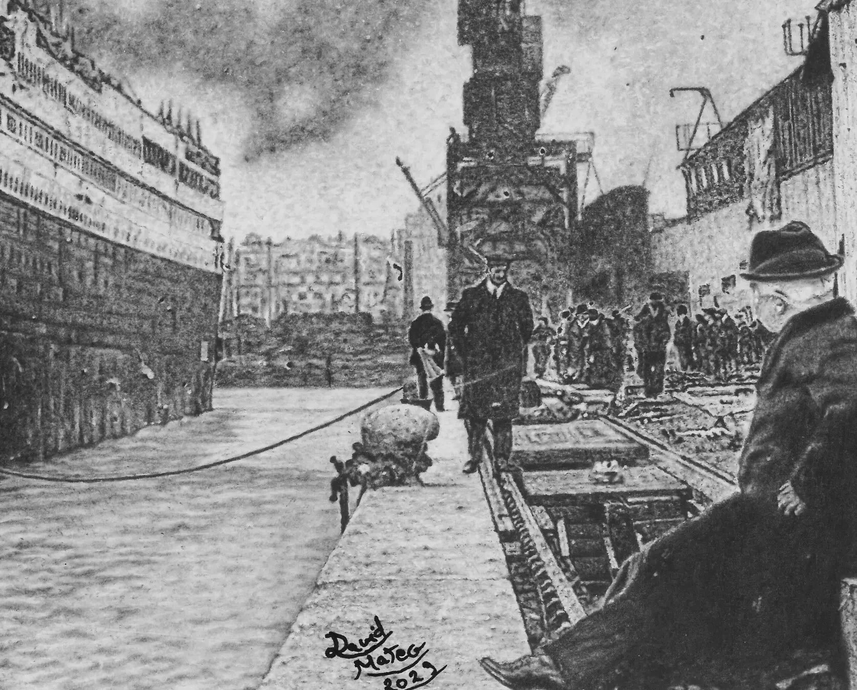 Escena del puerto junto al Titanic con figuras de época y arquitectura industrial, aportando contexto histórico al dibujo.