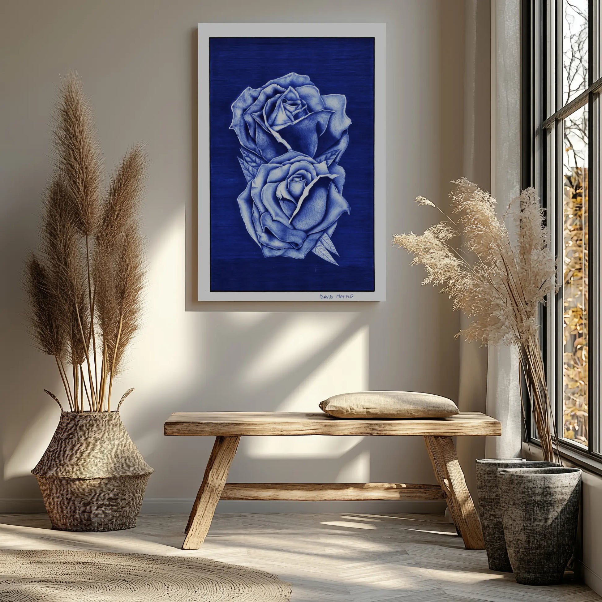 Vista de la textura y nitidez de la lámina hiperrealista de rosas azules impresa en papel de alto gramaje sin reflejos.