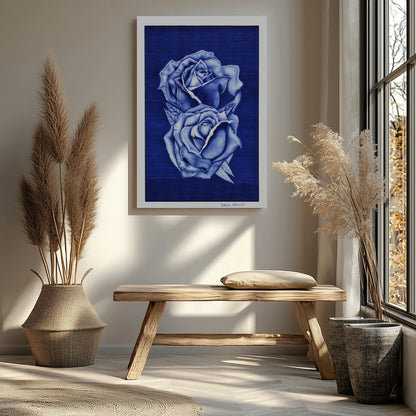 Vista de la textura y nitidez de la lámina hiperrealista de rosas azules impresa en papel de alto gramaje sin reflejos.